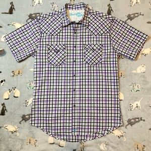 Wrangler Western Shirt Men's M Purple Black Plaid Short Sleeves Blue Pearl Snaps